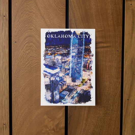 オクラホマシティナイトビューウォーターカラー ポストカード