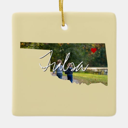 オクラホマ州写真の挿入と町名 セラミックオーナメント (正面)