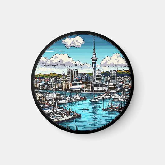 🌆 オクランドのスカイラインが輝く⛵港とヨットの風景 マグネット (正面)