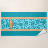 オクルレイアハワイアンフェイクウッドモノグラムサーフボードティール（緑がかった色） ビーチタオル (正面)