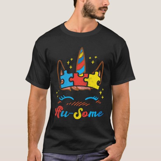 オサムなユニコーンの顔パズル 自閉症啓発 手話 Tシャツ (正面)
