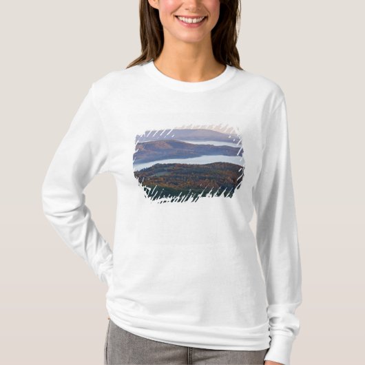オザークの霧深い谷と紅葉 Tシャツ (正面)