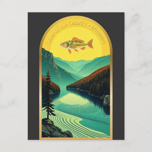 オザークミズーリの湖の風景魚レトロ ポストカード (正面)