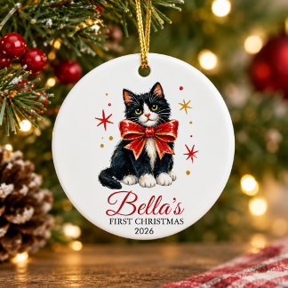 オシャレなタキシード猫のファーストクリスマス セラミックオーナメント