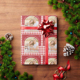 オシャレな家族写真 赤いクリスマス ラッピングペーパー