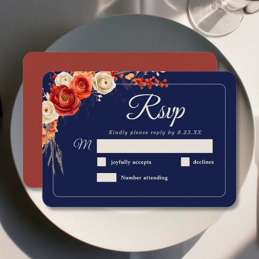 オシャレな秋の花柄 オレンジ テラコッタ ネイビーの結婚式  出欠カード