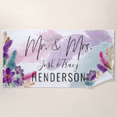 オシャレな結婚式アイテム Feather & Flowers Mr and Mrs ウェディング ビーチタオル (正面)