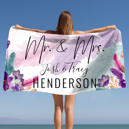 オシャレな結婚式アイテム Feather & Flowers Mr and Mrs ウェディング ビーチタオル