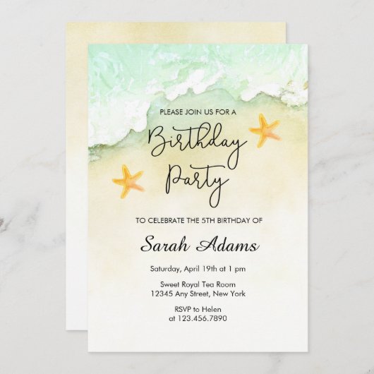 オシャンビーチトロピカルウォーターカラー5歳誕生日 招待状 (正面/裏面)