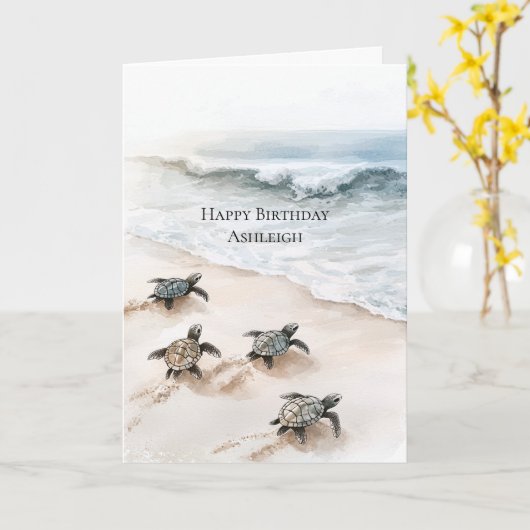 オシャンビーチ海岸のウミガメ カード (黄色い花)