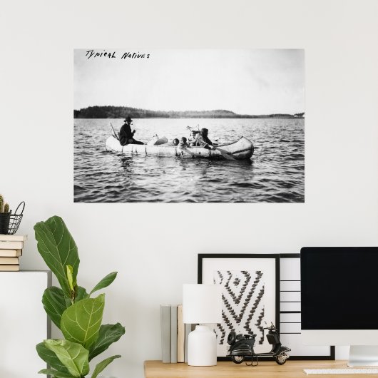 オジバインディアンがカヌー写真の湖を渡る ポスター (ホームオフィス)