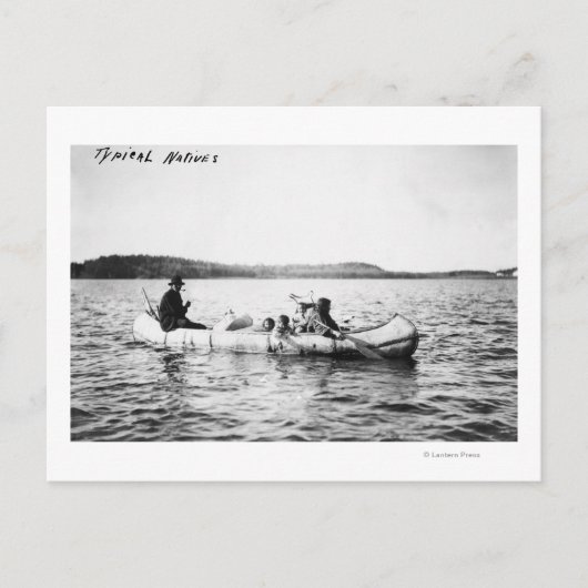 オジバインディアンがカヌー写真の湖を渡る ポストカード (正面)