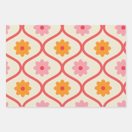 オジー柄にレトロオレンジとピンクの花をあしらったデザイン ラッピングペーパーシート (正面)
