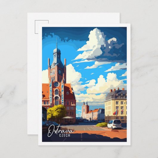 オストラヴァチェコアートヴィンテージ旅行イラストレーション ポストカード (正面/裏面)