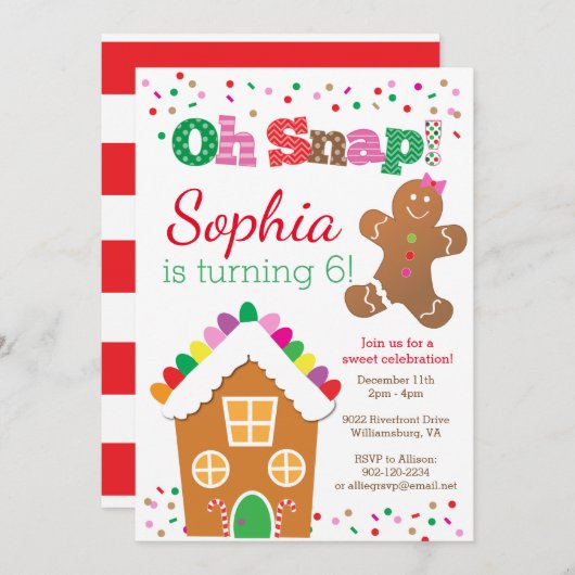 オスナップジンジャーブレッドガールバースデーパーティーの招待 招待状 (正面/裏面)