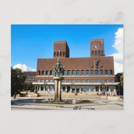 オスロ市役所、像、噴水 ポストカード (正面)