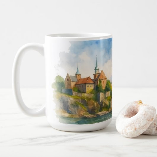 オスロ ノルウェー 水彩画 スカンジナビア 都市景観 アート コーヒーマグカップ (ドーナツ)