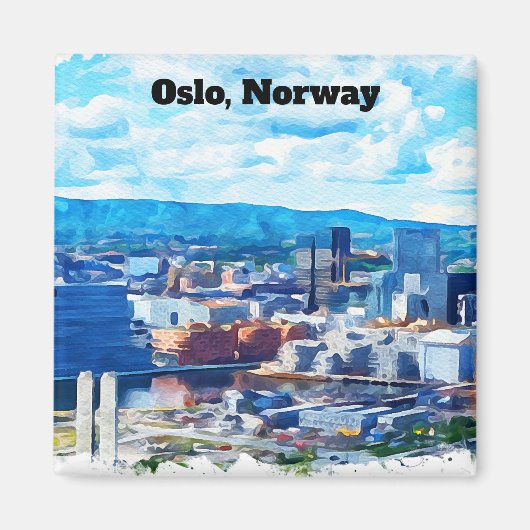 オスロ ノルウェー 水彩画 パノラマビュー マグネット (正面)