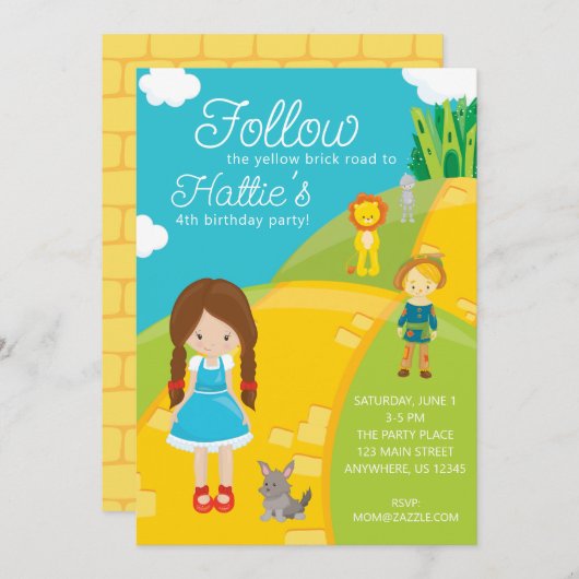 オズの魔法使い 黄色いレンガの道 誕生日 招待状 (正面/裏面)