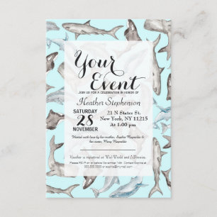 オセアニック水彩魚類インブルー白黒グレー 招待状