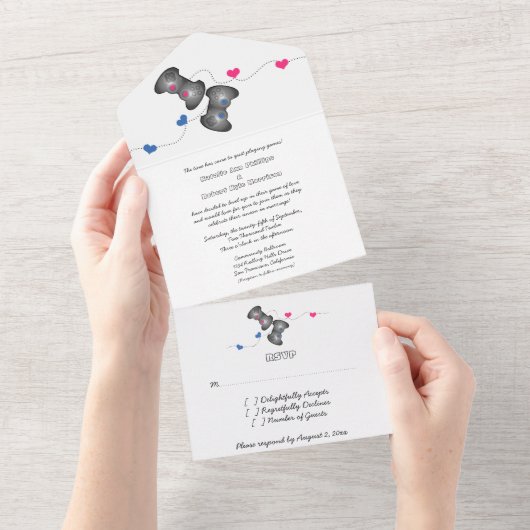 オタク系のゲーマーズ・オール・イン・ワン・ウェディング・インベイト |ピンク/青 オールインワン招待状 (貼ってはがせる)