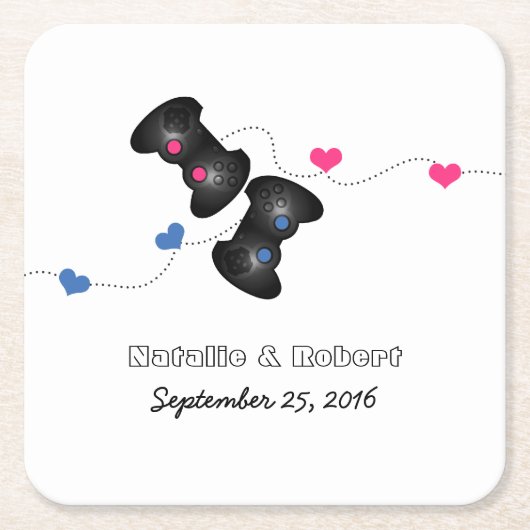 オタク系のゲーマー結婚ズ紙コースターダークピンクブルー スクエアペーパーコースター (正面)