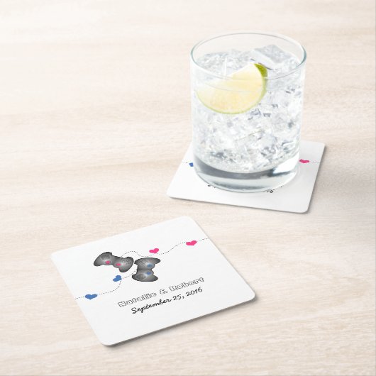 オタク系のゲーマー結婚ズ紙コースターピンクブルー スクエアペーパーコースター (インサイチュ)