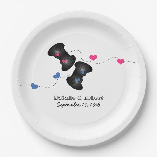 オタク系のゲーマー結婚ズ紙プレートダークピンクブルー ペーパープレート (正面)