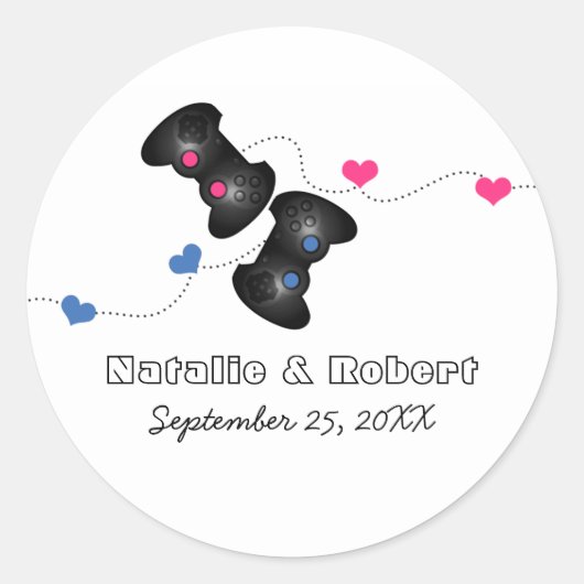 オタク系のゲーマー結婚式用シール濃色（青/ピンク） ラウンドシール (正面)