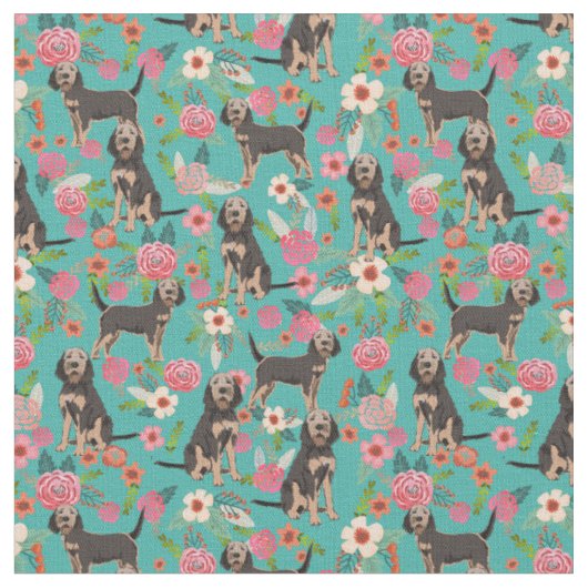 オタハウンド犬ヴィンテージ花模様ターコイズ ファブリック (クローズアップ)