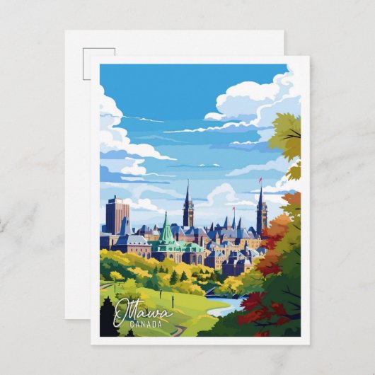 オタワカナダヴィンテージアートトラベルイラストレーション ポストカード (正面/裏面)