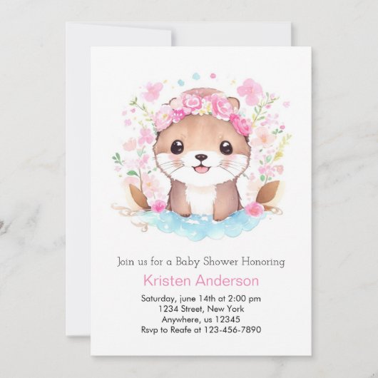 オターマジックアドベンチャー ピンクの女の子のベビーシャワーパーティー 招待状 (正面)