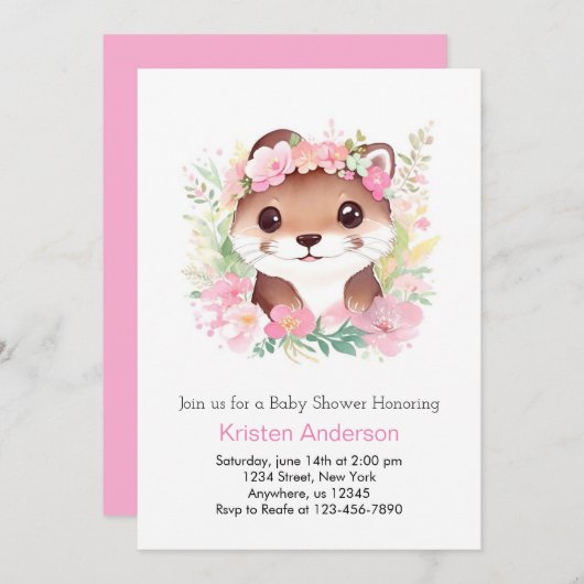 オターリーお洒落ピンクフローラオッターガールベビーショー 招待状 (正面/裏面)