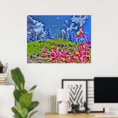 オダマキ(植物)花風景画 ポスター (ホームオフィス)
