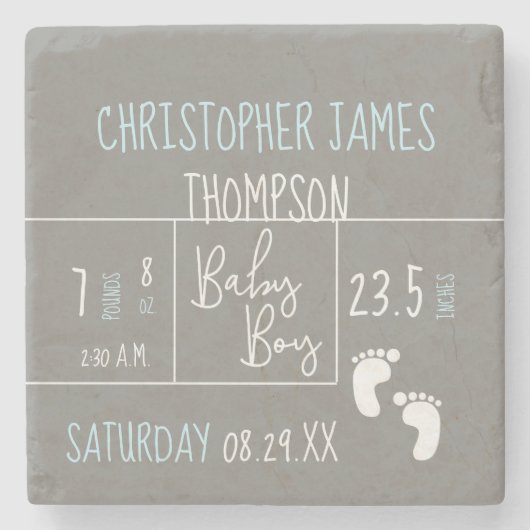 オダーンブルーグレー男の赤ちゃん写真誕生のお知らせ ストーンコースター (正面)