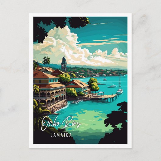 オチョリオス島ジャマイカヴィンテージ旅行イラストレーション ポストカード (正面)