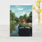 オックスフォード運河の挨拶状のNarrowboat カード (黄色い花)