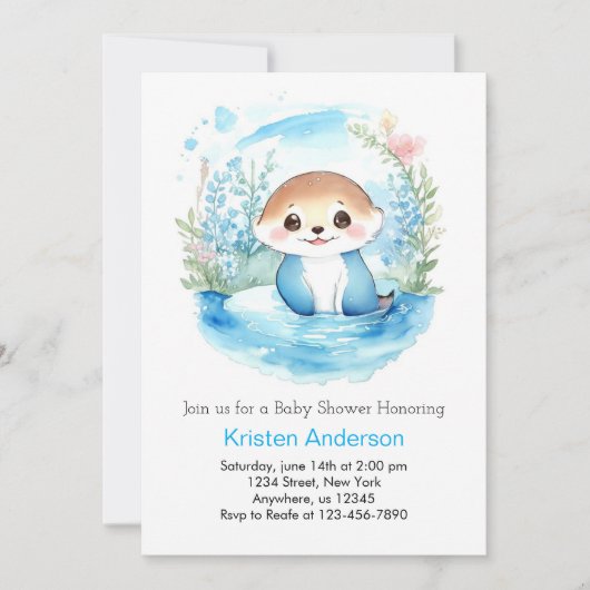 オッターのワイルドフラワーパラダイスブルーボーイベビーシャワー 招待状 (正面)