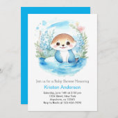 オッターのワイルドフラワーパラダイスブルーボーイベビーシャワー 招待状 (正面/裏面)