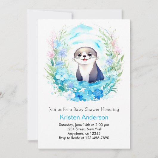 オッターの楽しい水彩少年の赤ちゃんシャワー 招待状 (正面)