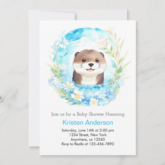 オッターの至福の水の色の魔法男の子ベビーシャワー 招待状 (正面)