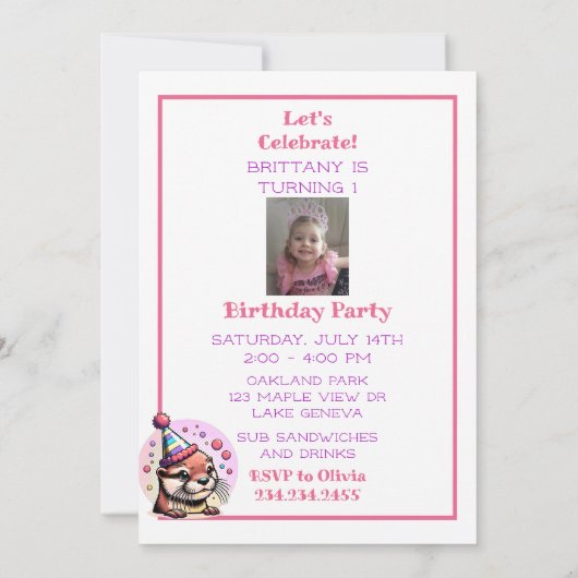 オッターをテーマにした女の子の誕生日パーティー 招待状 (裏面)