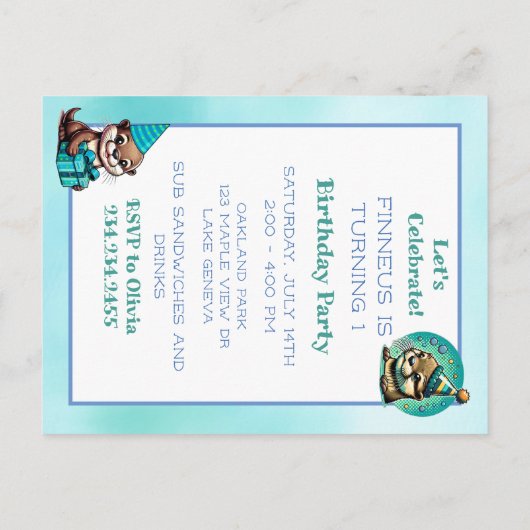 オッターをテーマにした少年の最初の誕生日パーティー ポストカード (裏面)