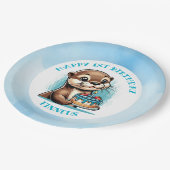 オッターをテーマにした少年の誕生日 パーソナライズされた ペーパープレート (アングル)