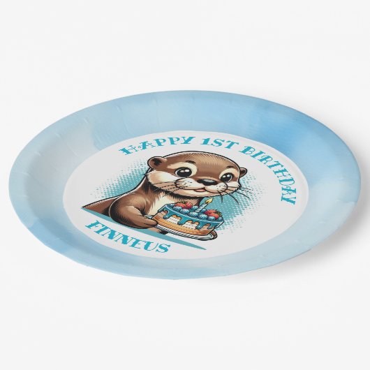 オッターをテーマにした少年の誕生日 パーソナライズされた ペーパープレート (アングル)