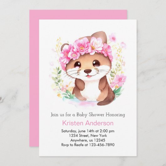 オッターアドベンチャーピンクワイルドフラワーガールベビーシャワー 招待状 (正面/裏面)