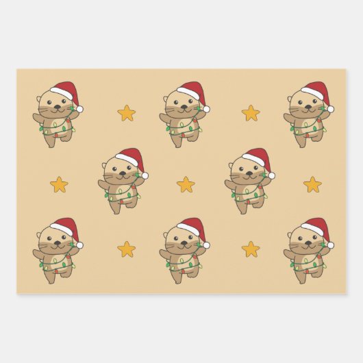 オッタークリスマスウィンターアニマルズホリデーオッターズ ラッピングペーパーシート (正面)