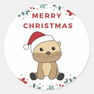 オッタークリスマススノーウィンターアニマルオッタークラシック ラウンドシール