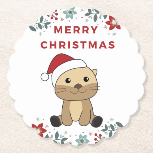 オッタークリスマススノーウィンターアニマルズオッター紙 ペーパーコースター (正面)