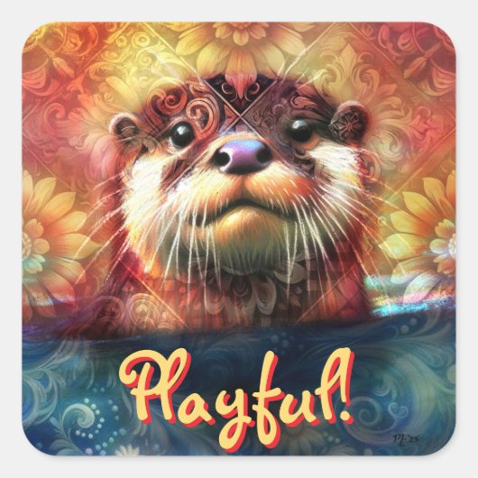 オッターシンボルフローラひまわりパーソナライズされた スクエアシール (正面)